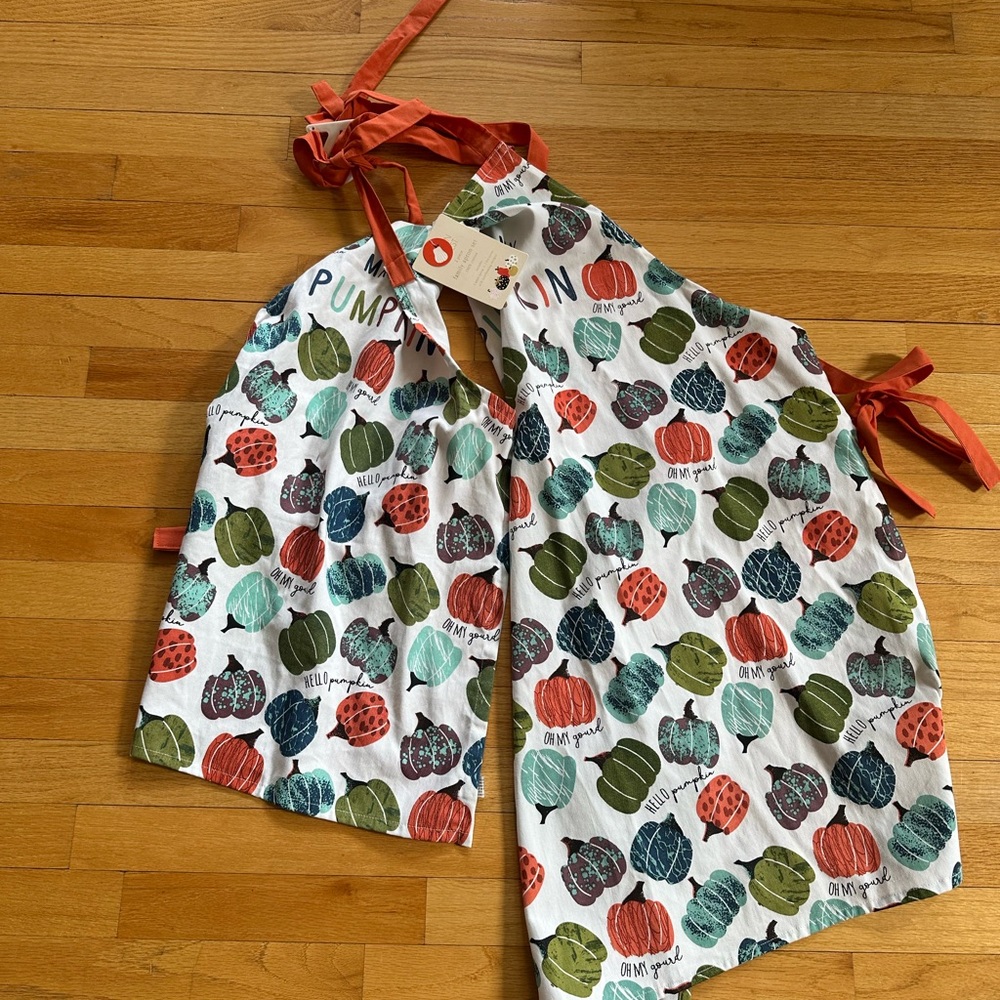 Golden Harvest 2 piece family apron set 100% cotton pumpkin design